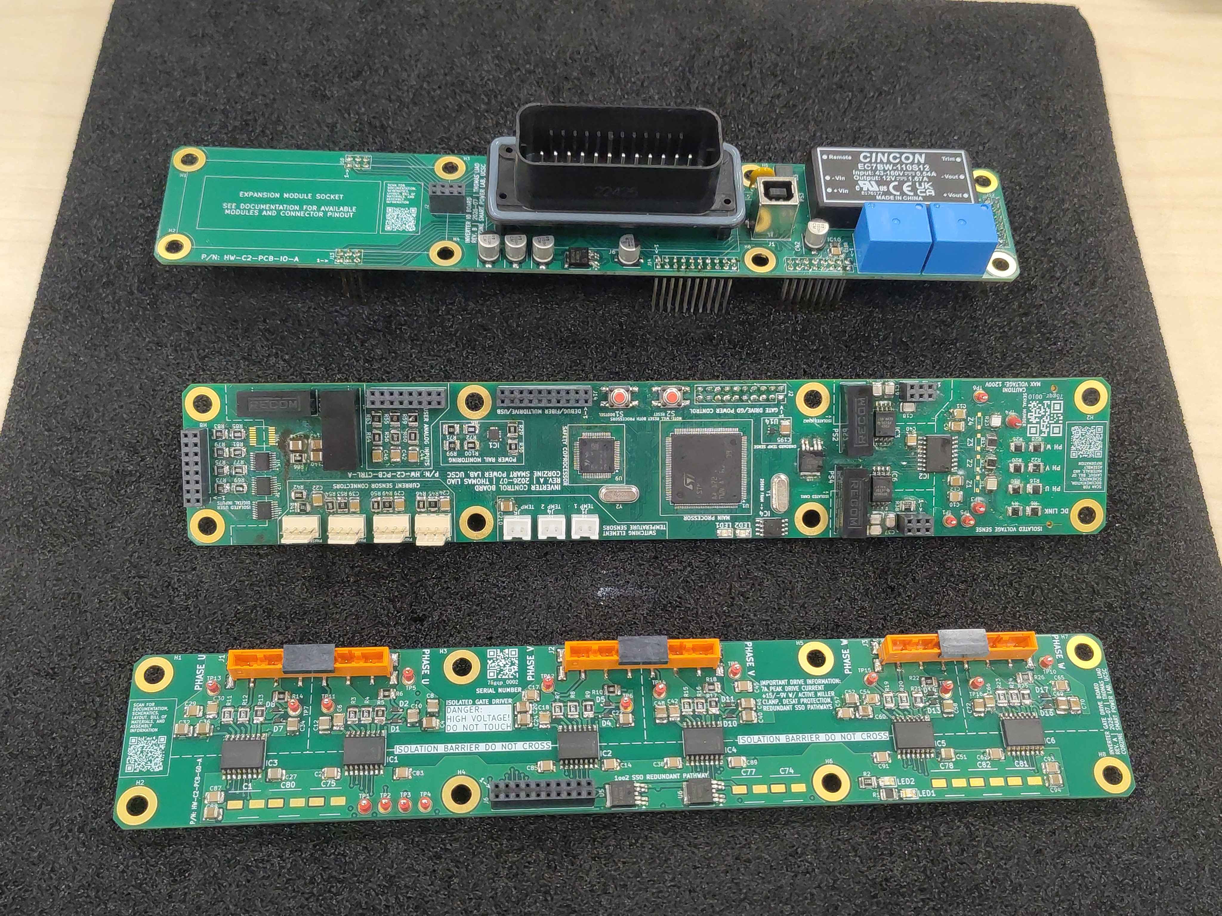 IO board, control board, and gate driver board laid out for test fitting