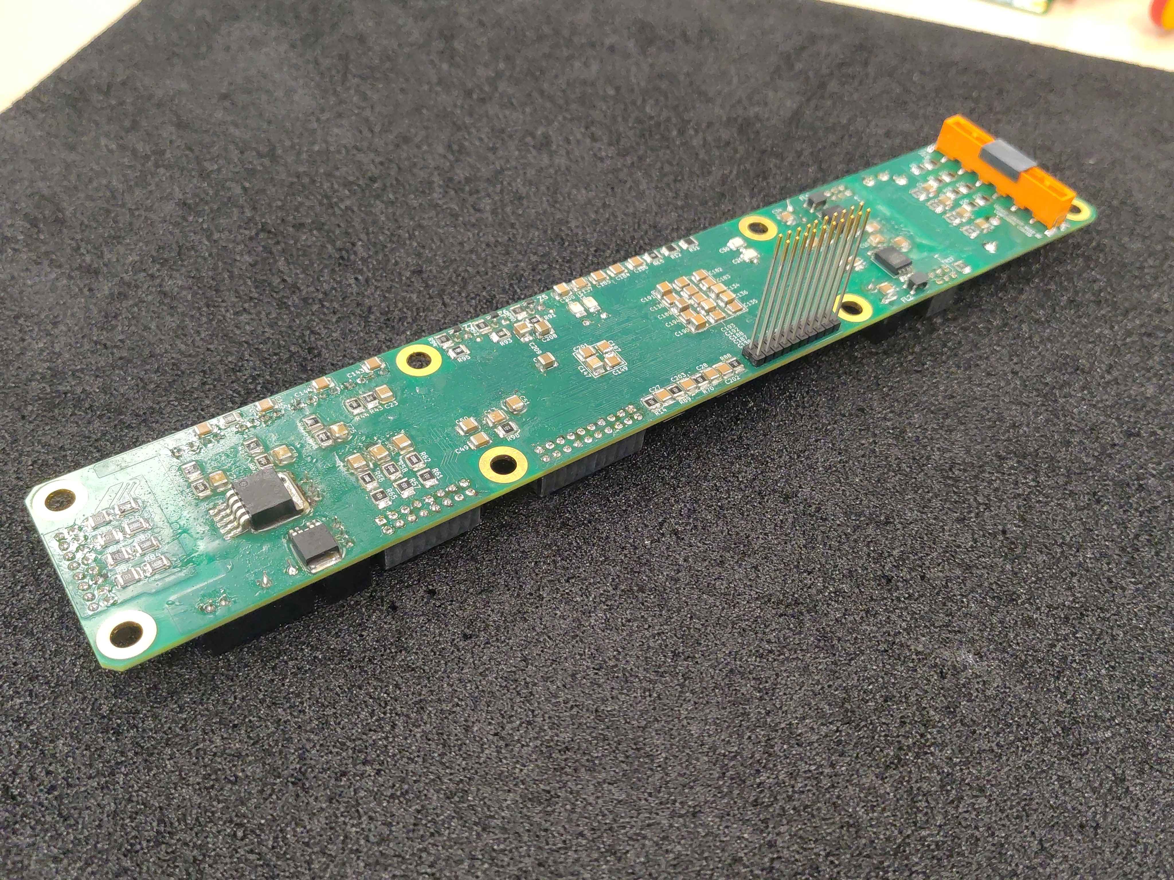 Completed control board assembly, angled side view showing connectors