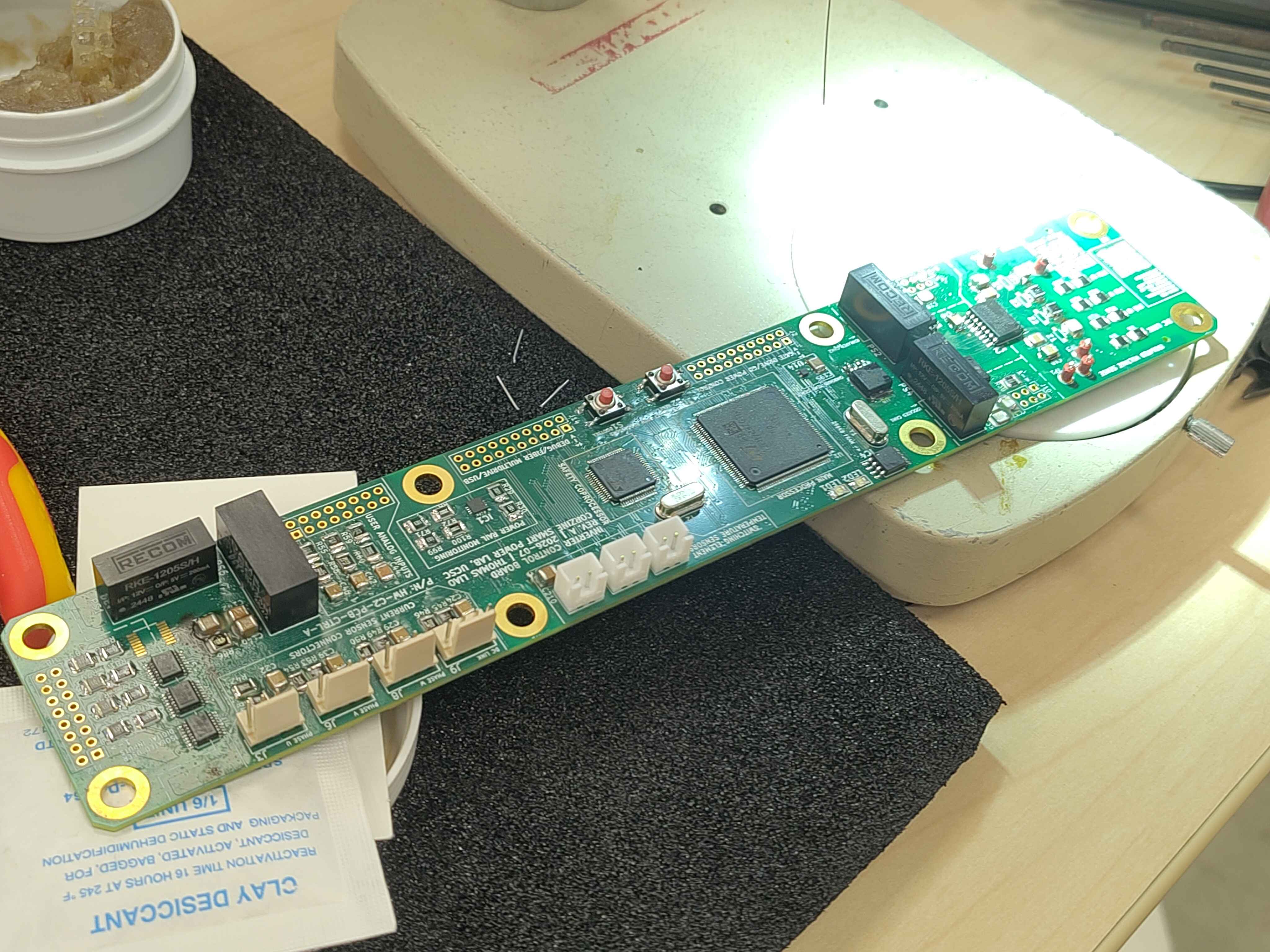 Control board partway through population, with fine-pitch ICs and connectors still to solder