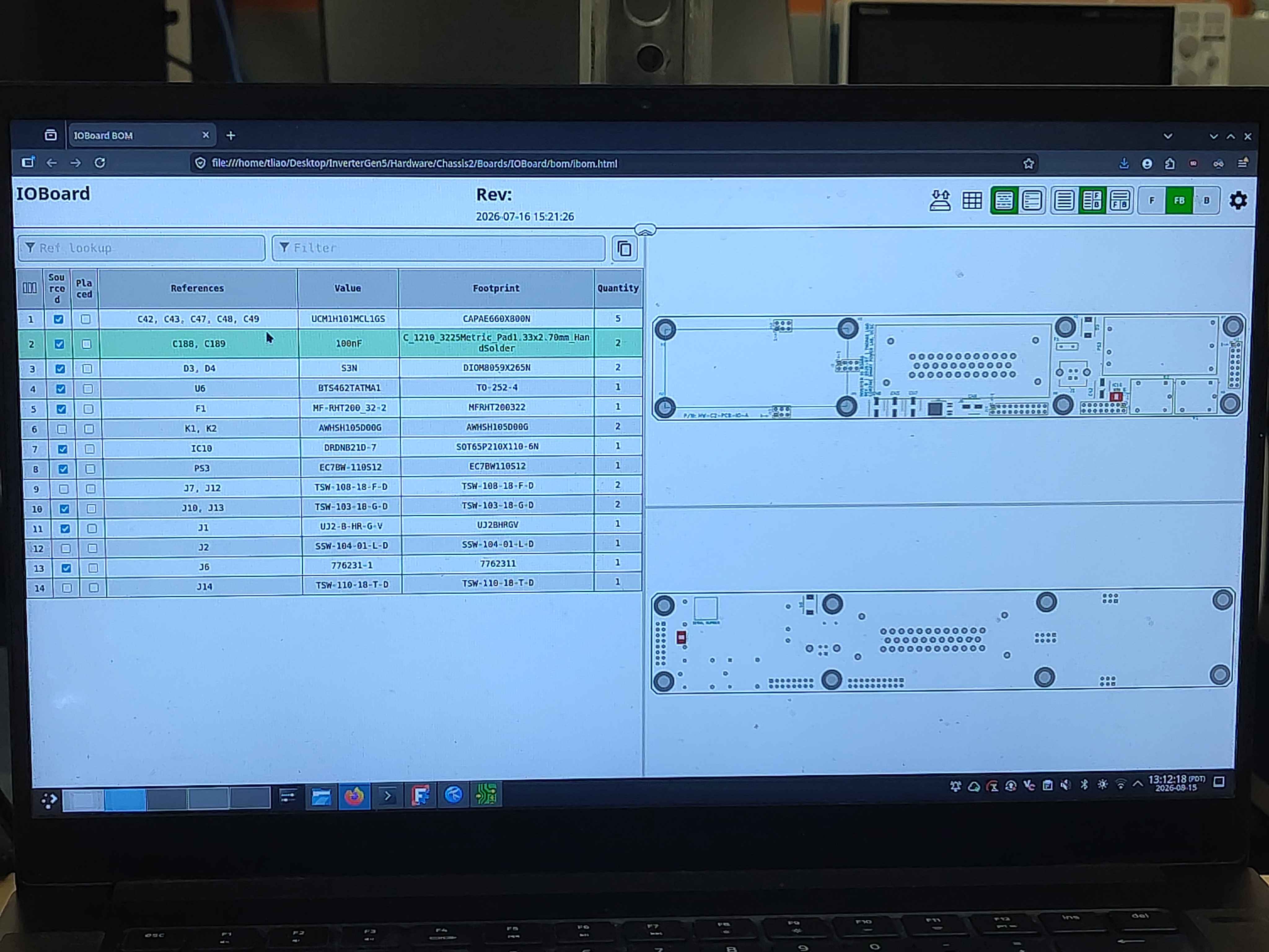 Interactive BOM open on a screen showing IO board placements