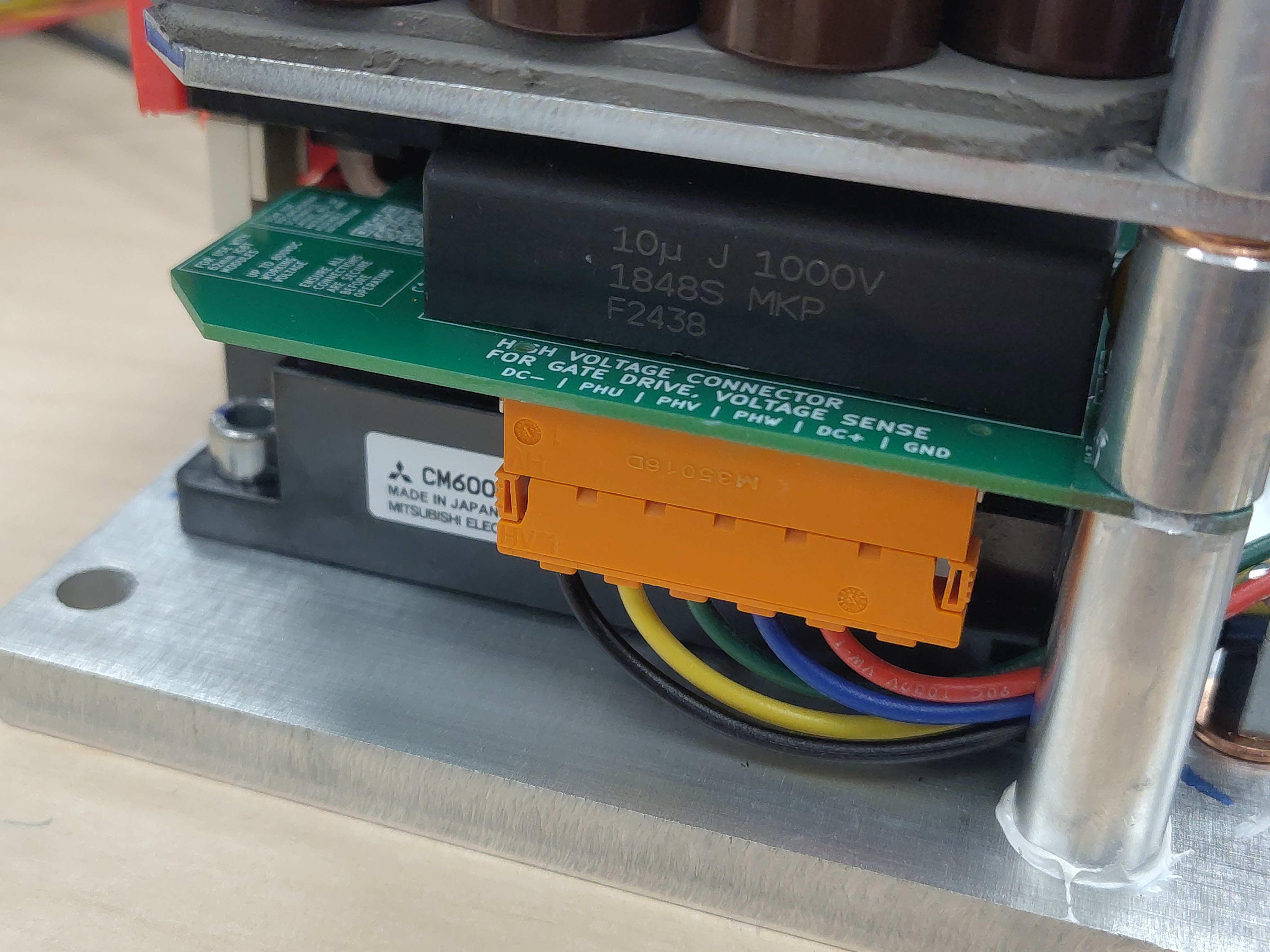 The voltage-sense housing plugged into the gate driver board