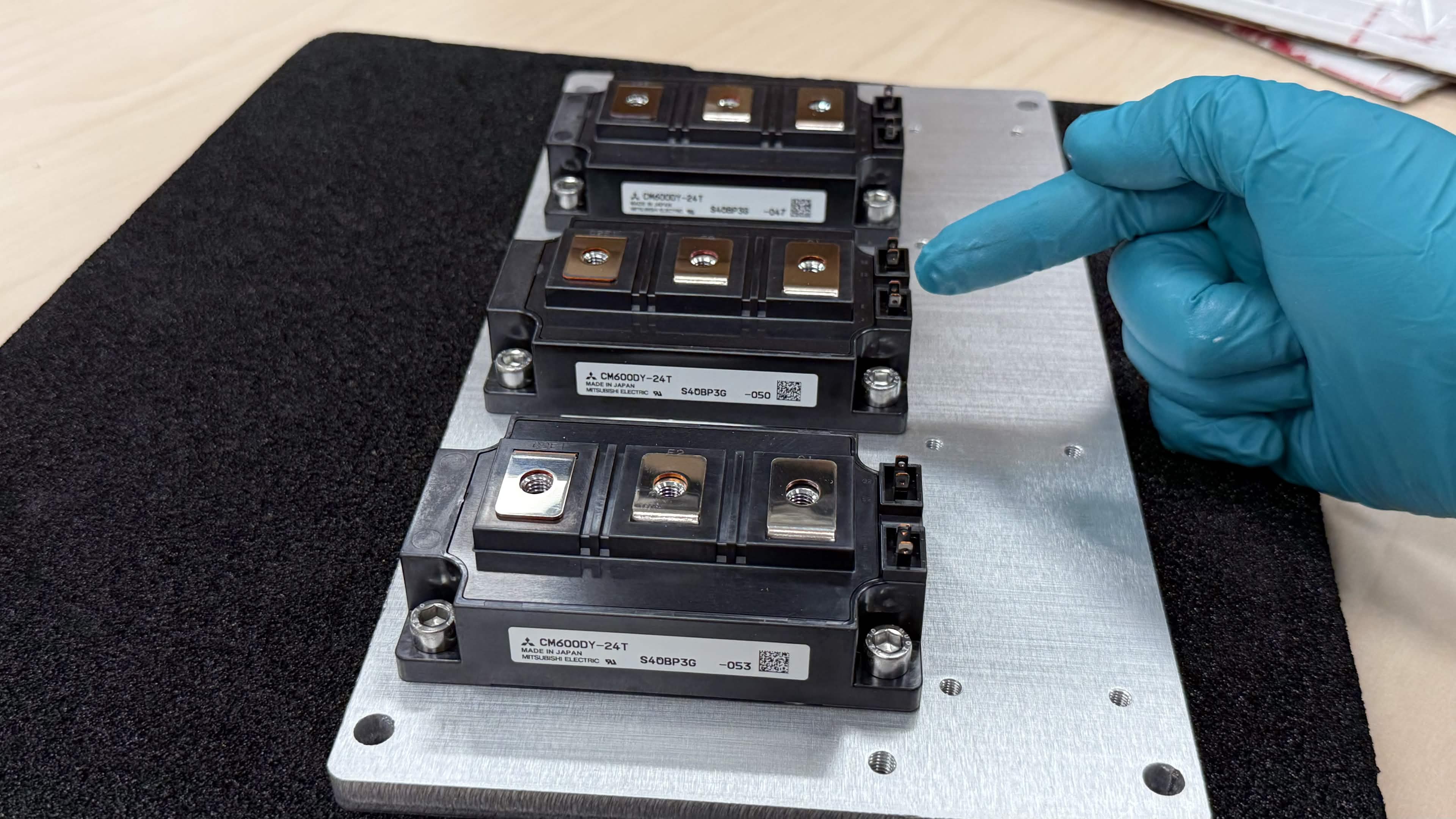 All three IGBT modules installed, gate-drive terminals facing the control-board area