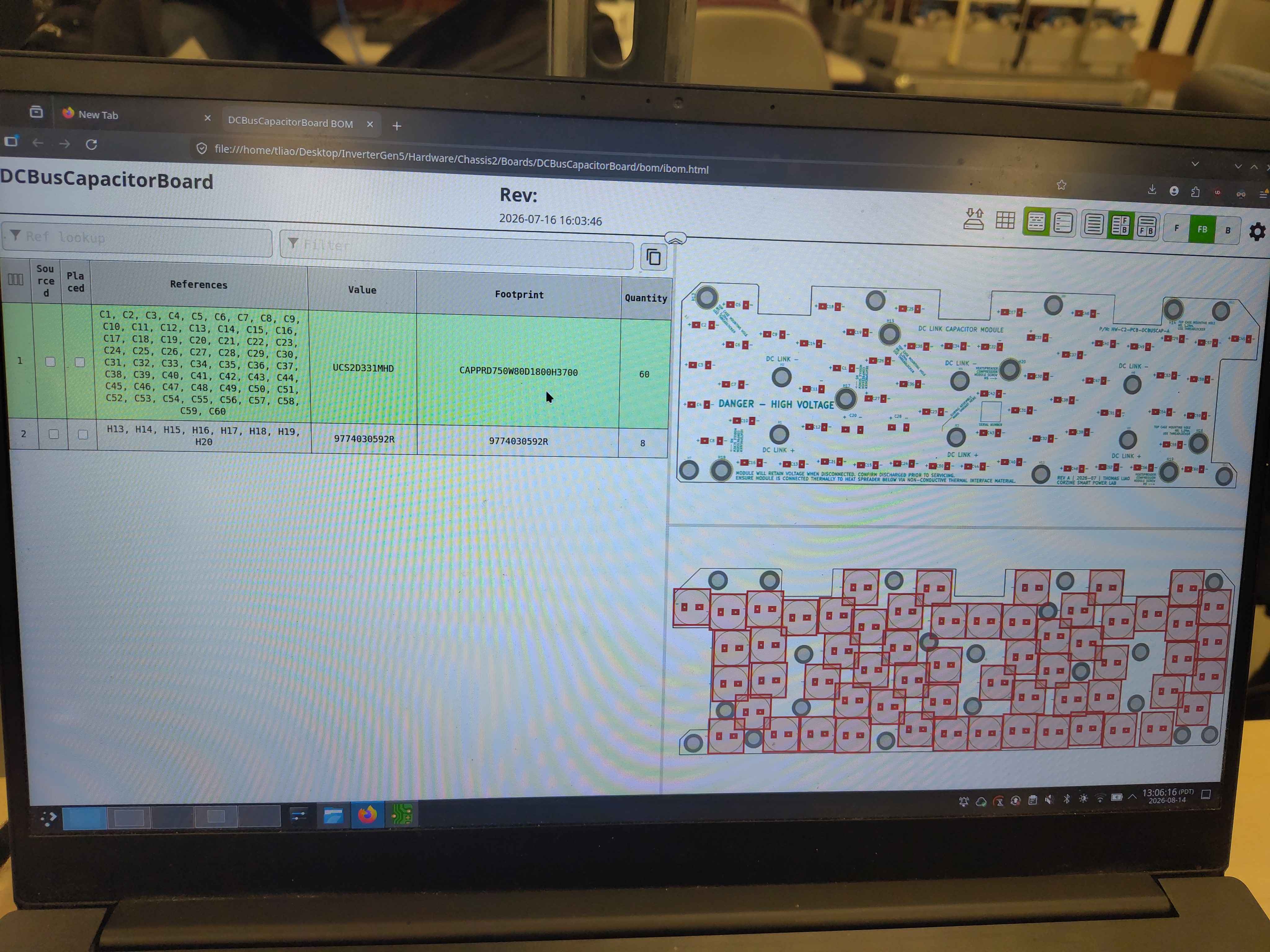 Interactive BOM open on a laptop showing the 60 capacitor placements and standoff locations