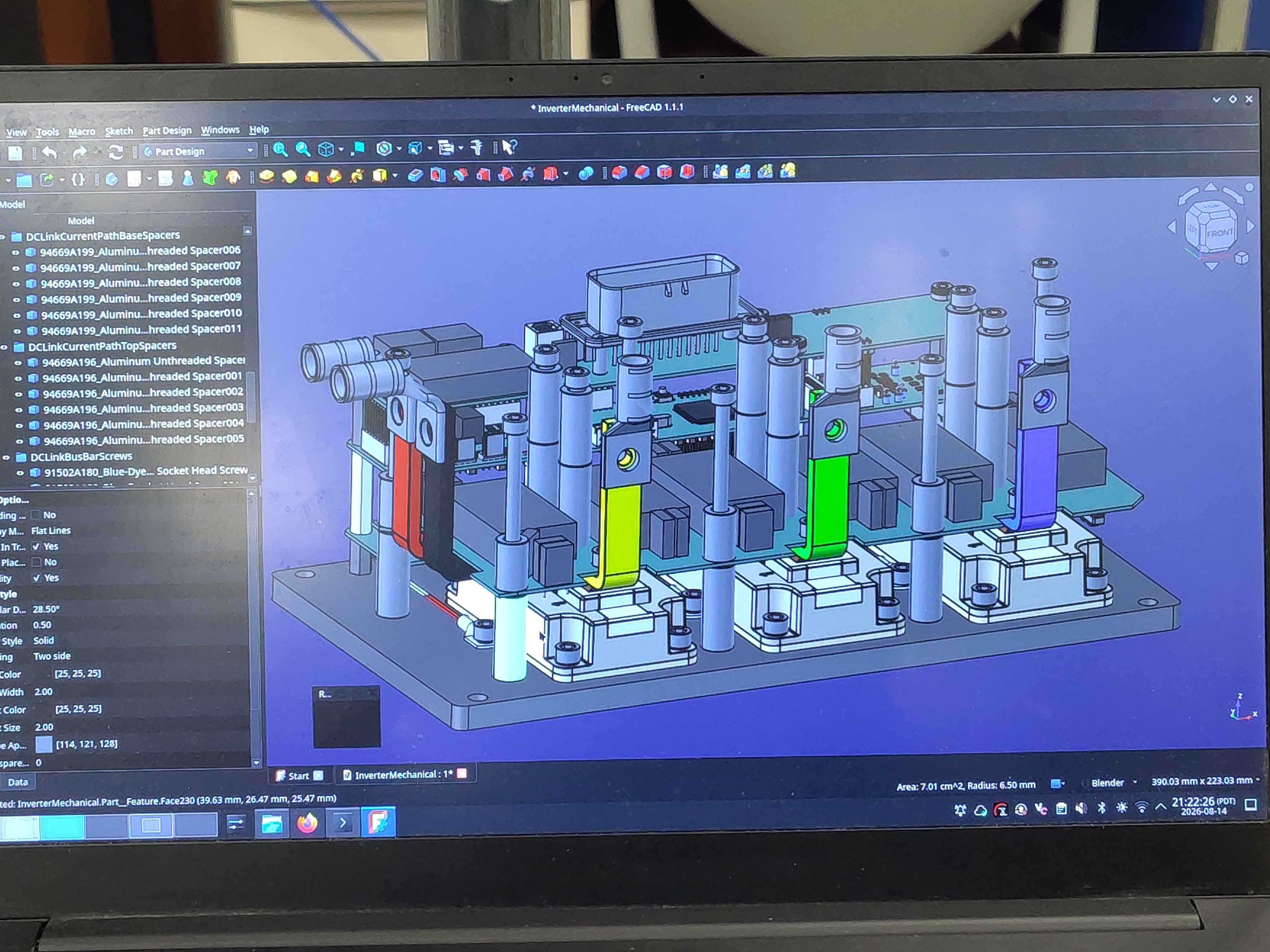 CAD model showing the spacer, bus-bar, and filter-board arrangement