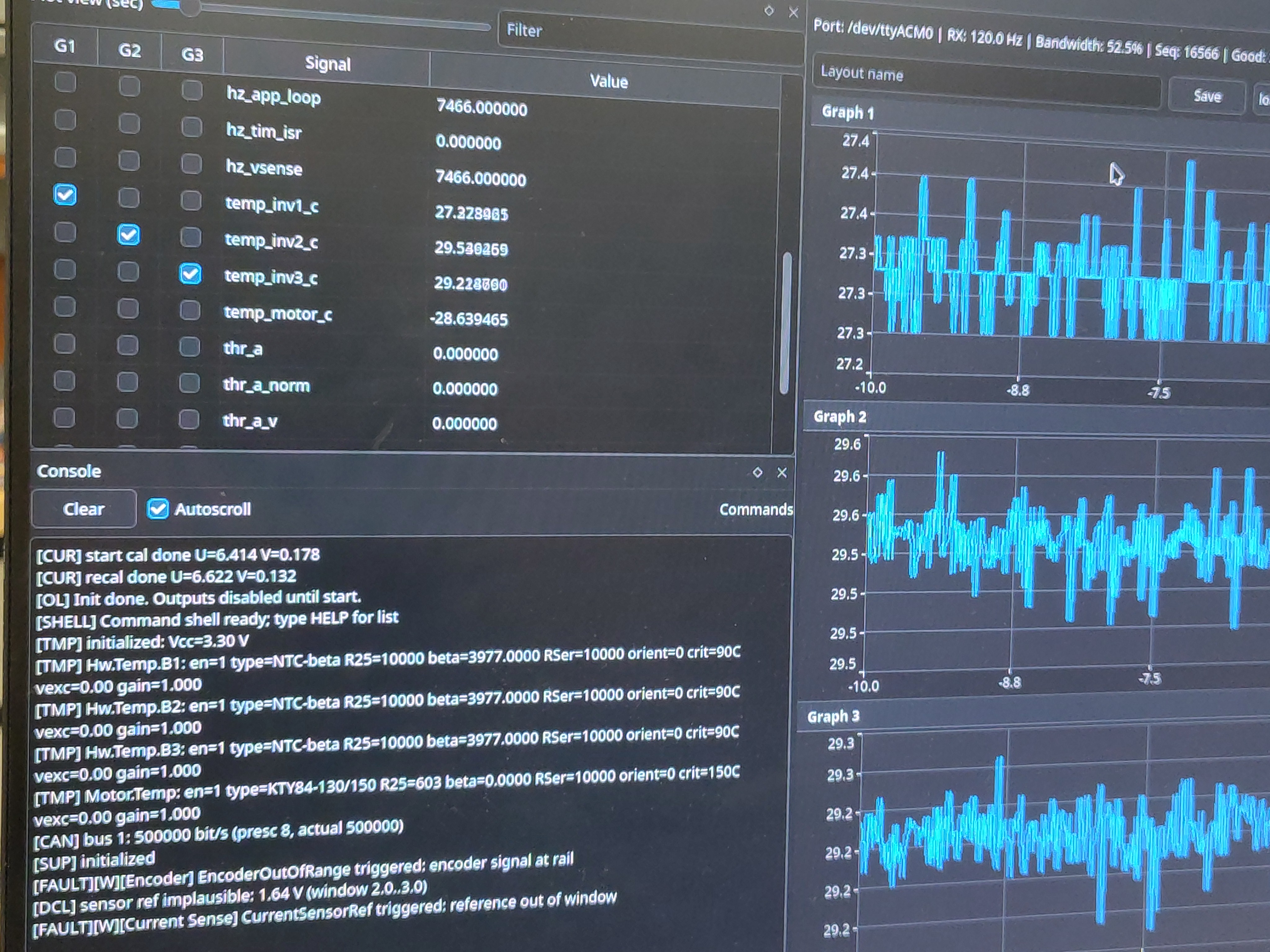 Live telemetry of the three temperature channels during bring-up, with the [TMP] channel configuration in the boot log