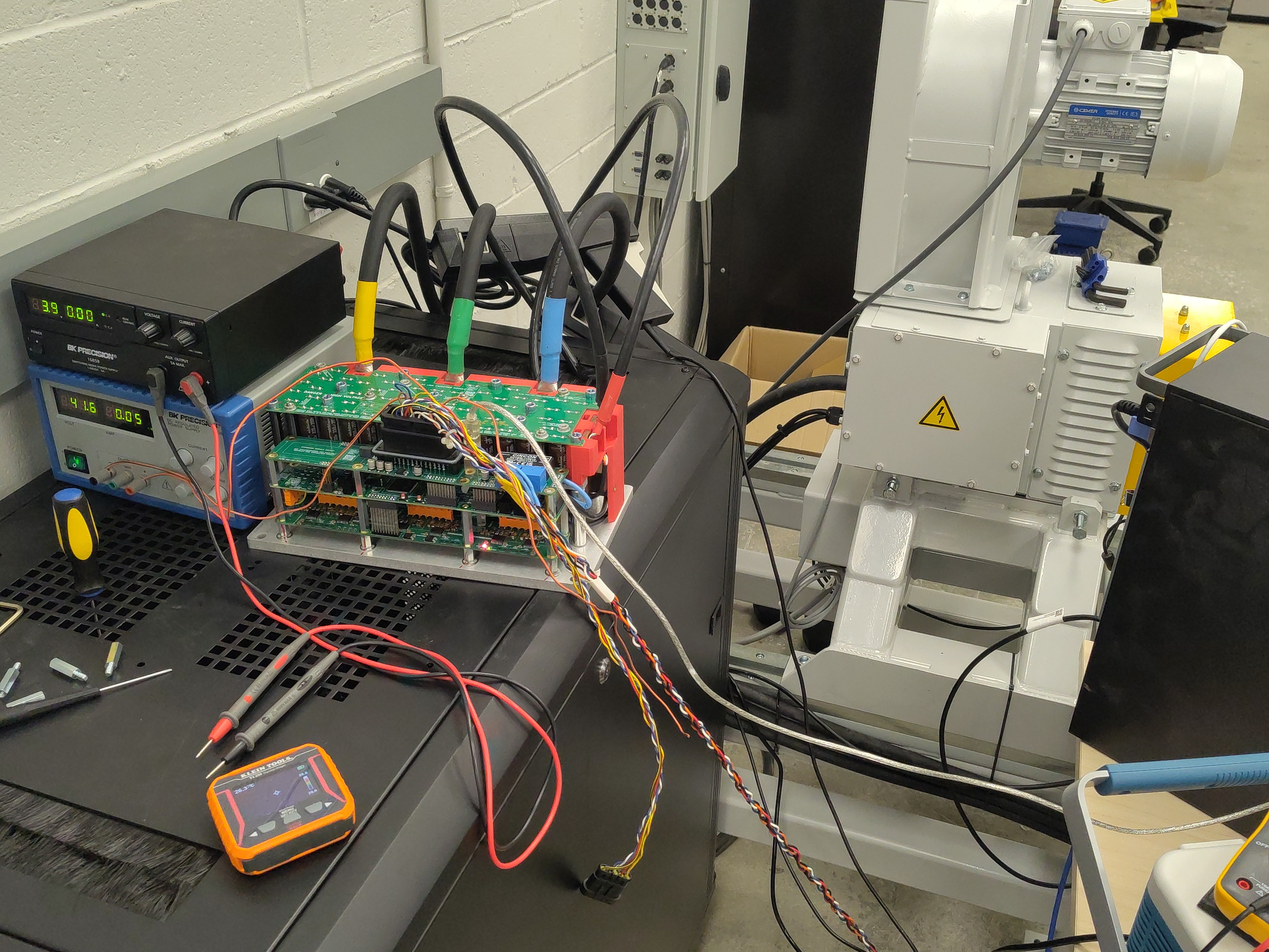 Bench: DUT with BK Precision supplies, scope, and thermal imager
