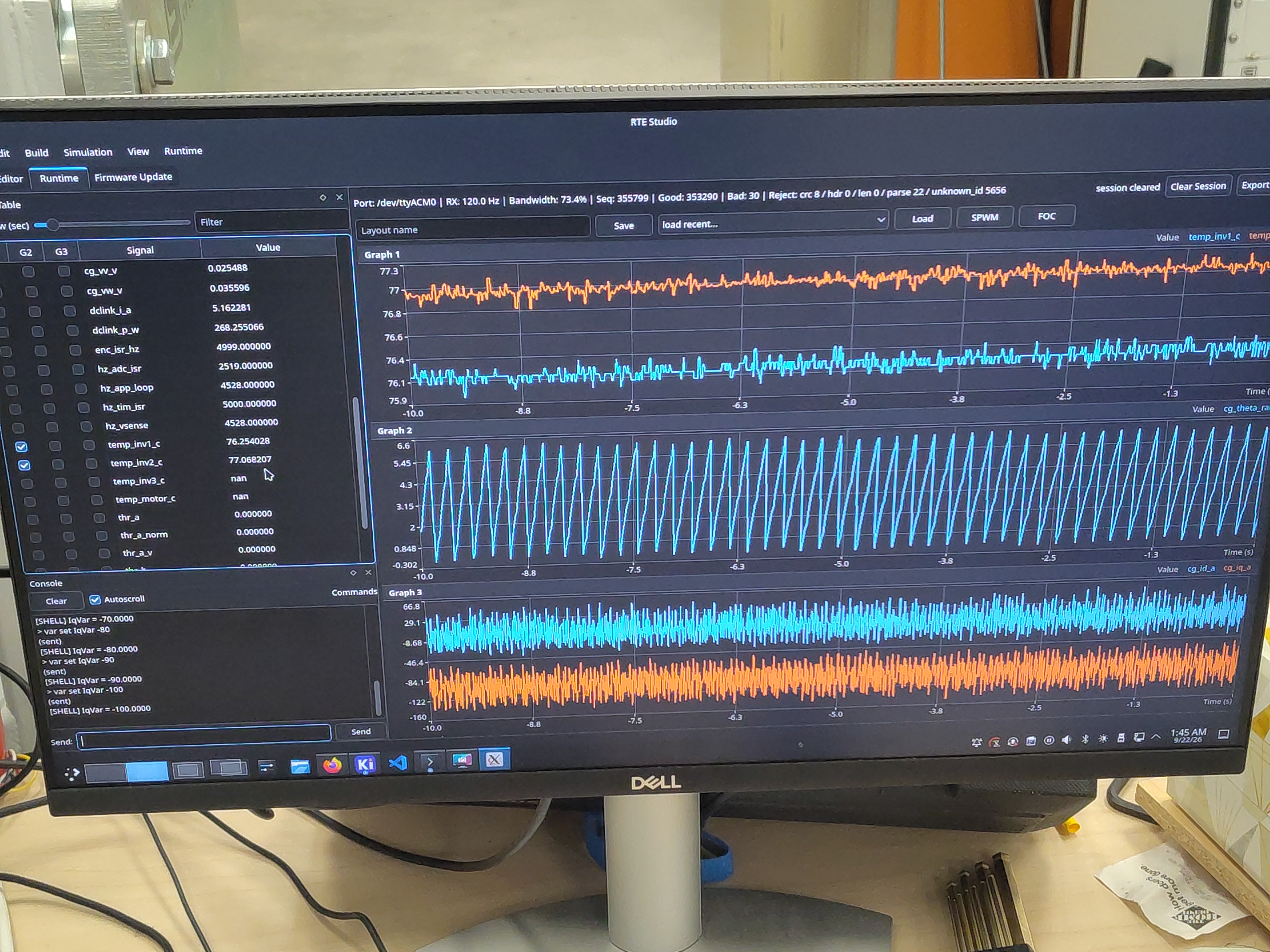 RTE Studio at the end of the hold: IqVar command history, temps ~76–77 °C, 268 W DC-link