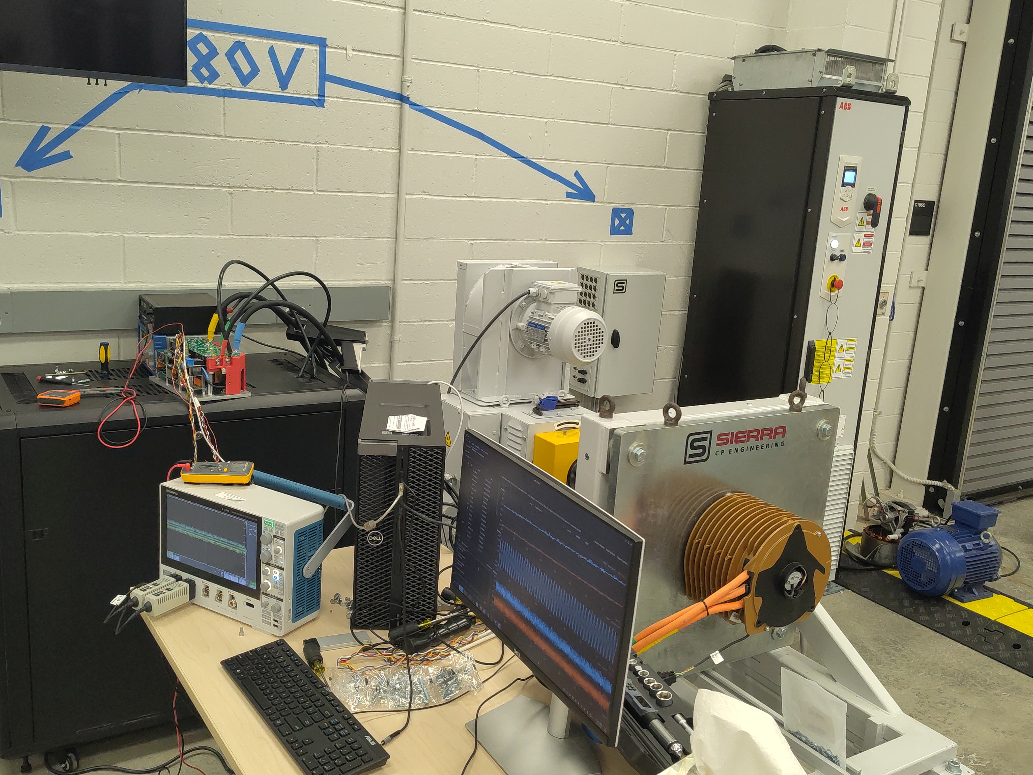 Test cell overview with the dynamometer and ABB cabinet (80 V marker on wall)