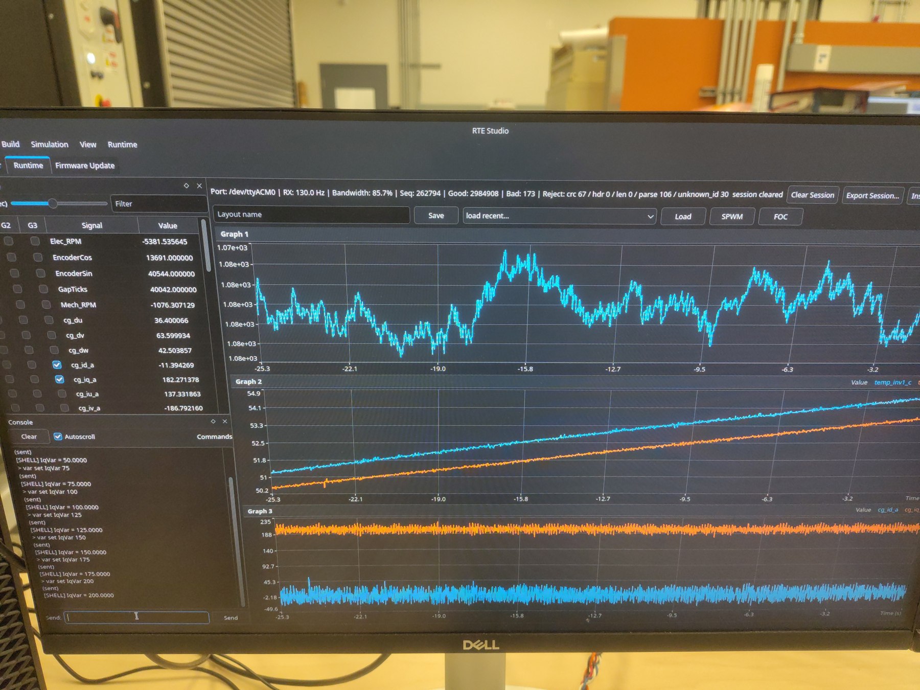 RTE Studio telemetry screen during the run