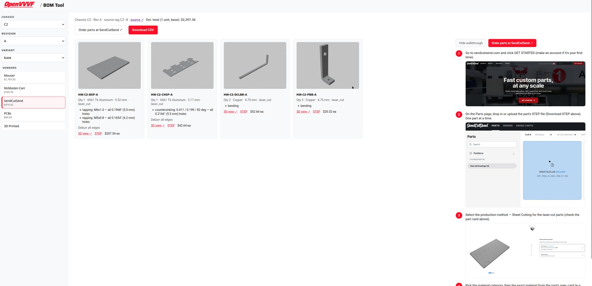 BOM Tool showing fabricated parts with 3D previews and SendCutSend ordering