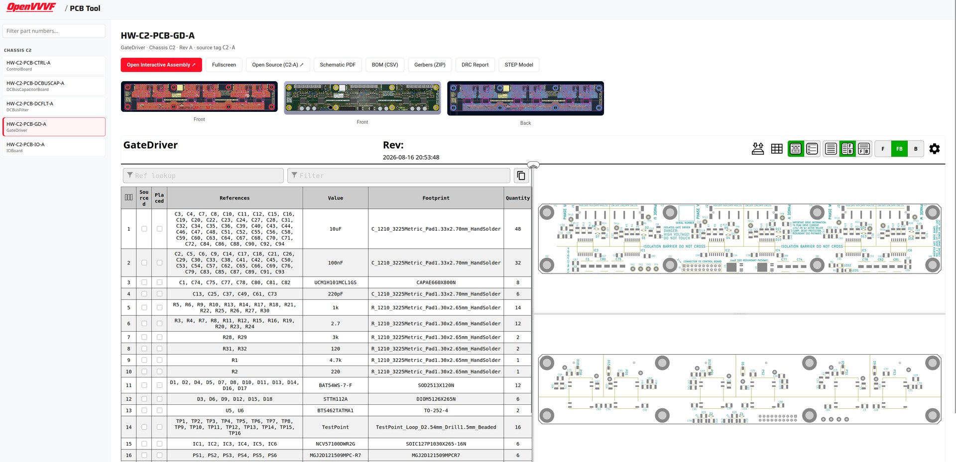 PCB Tool showing the gate driver board renders and interactive assembly view